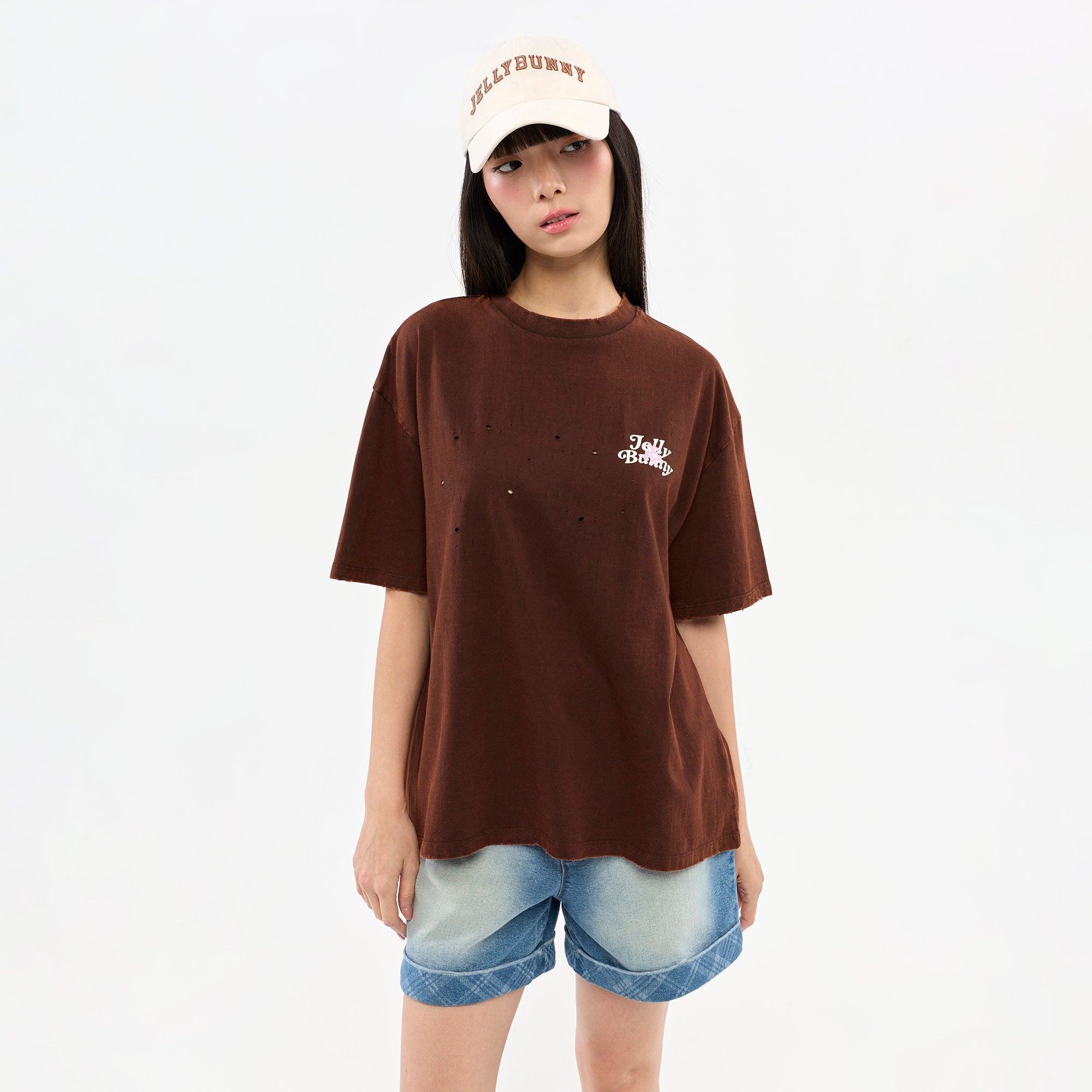 Distressed Embroidered T-Shirt Brown