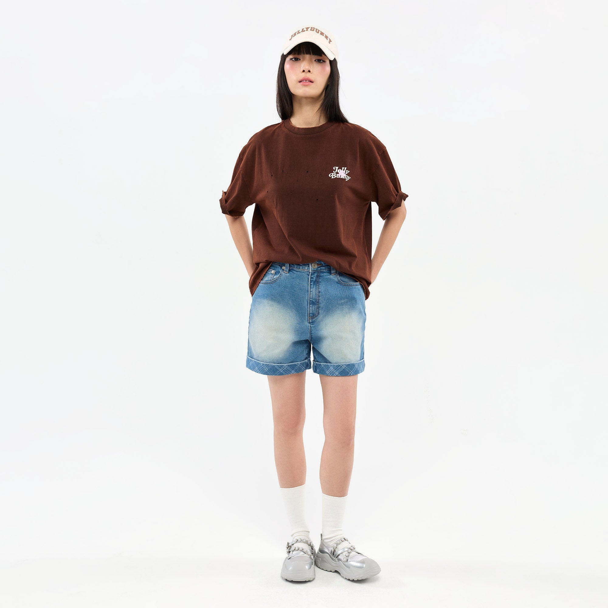 Distressed Embroidered T-Shirt Brown