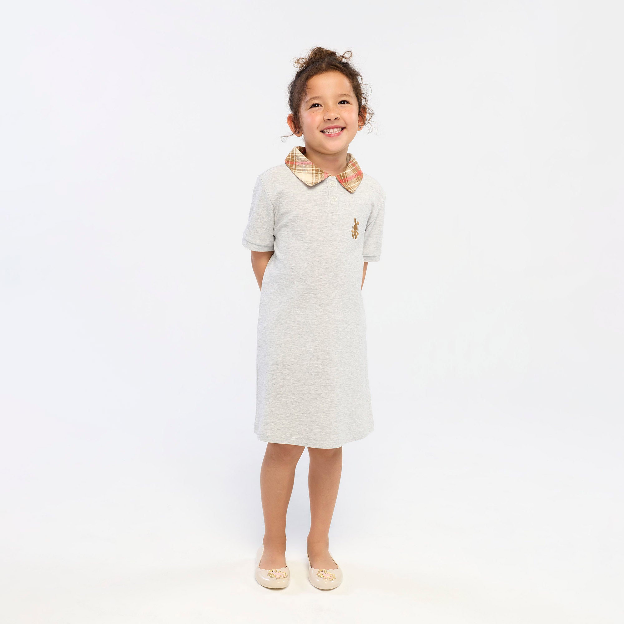 Plaid Collar Polo Dress For Mini Girls Grey