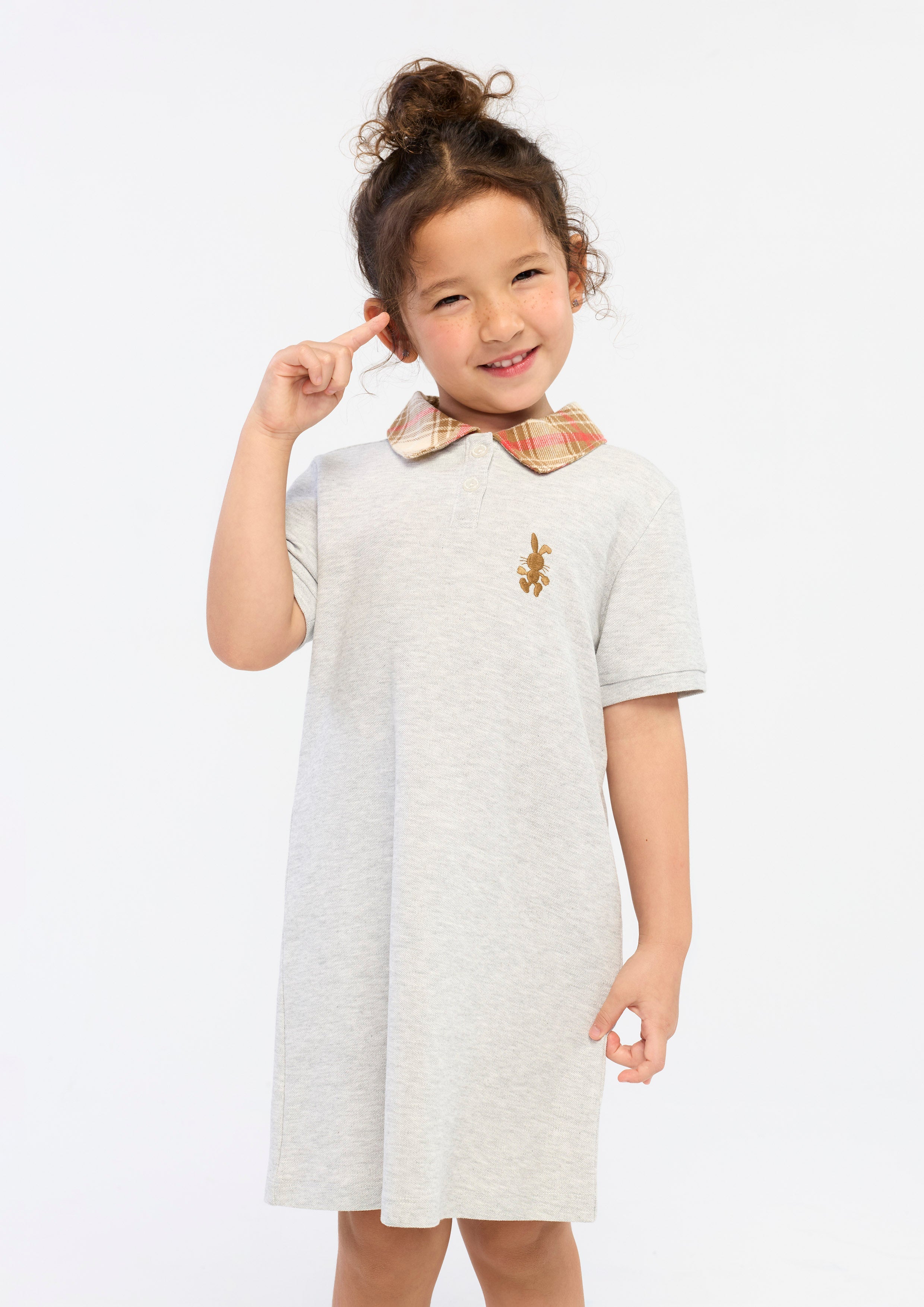 Plaid Collar Polo Dress For Mini Girls Grey
