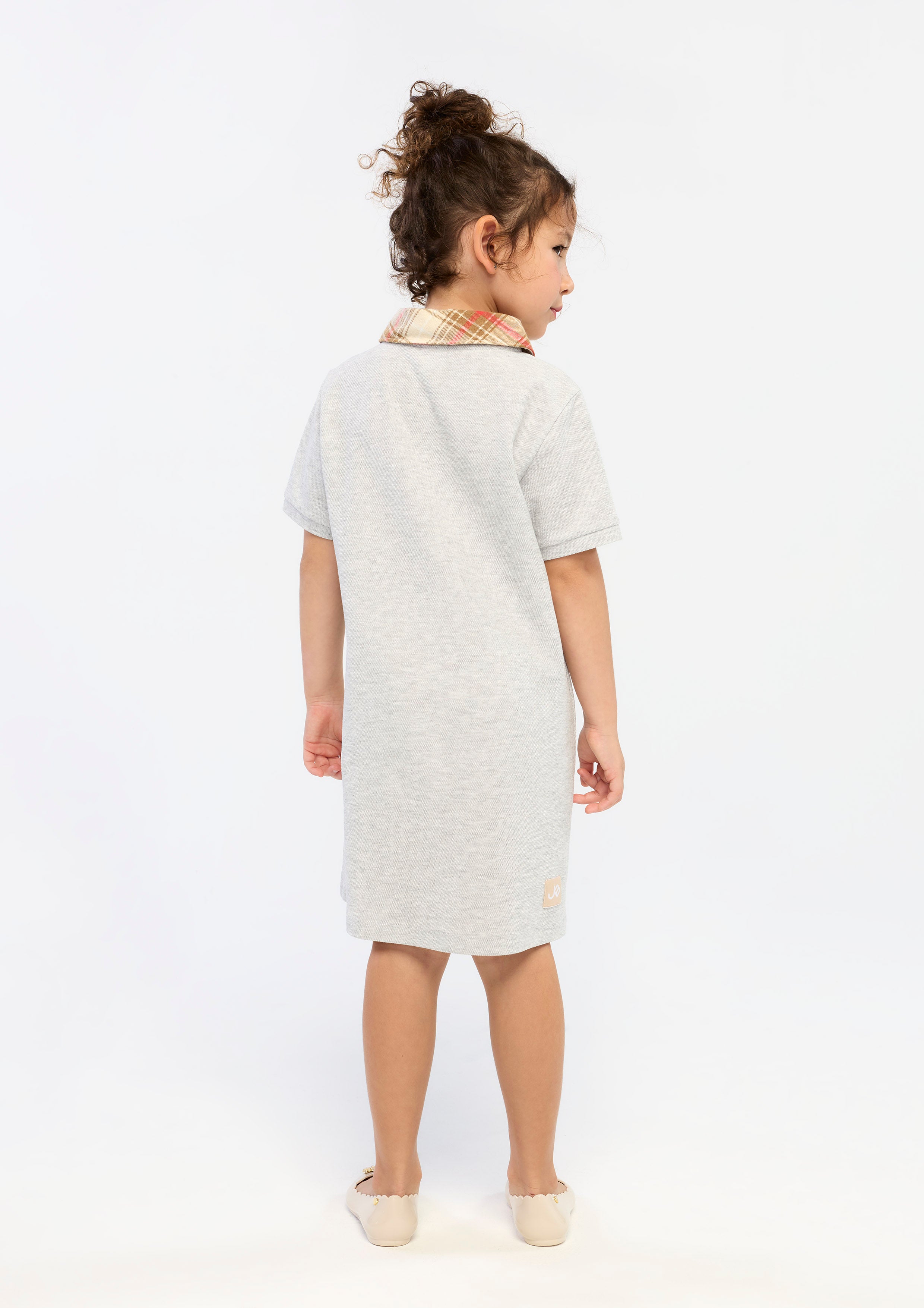 Plaid Collar Polo Dress For Mini Girls Grey