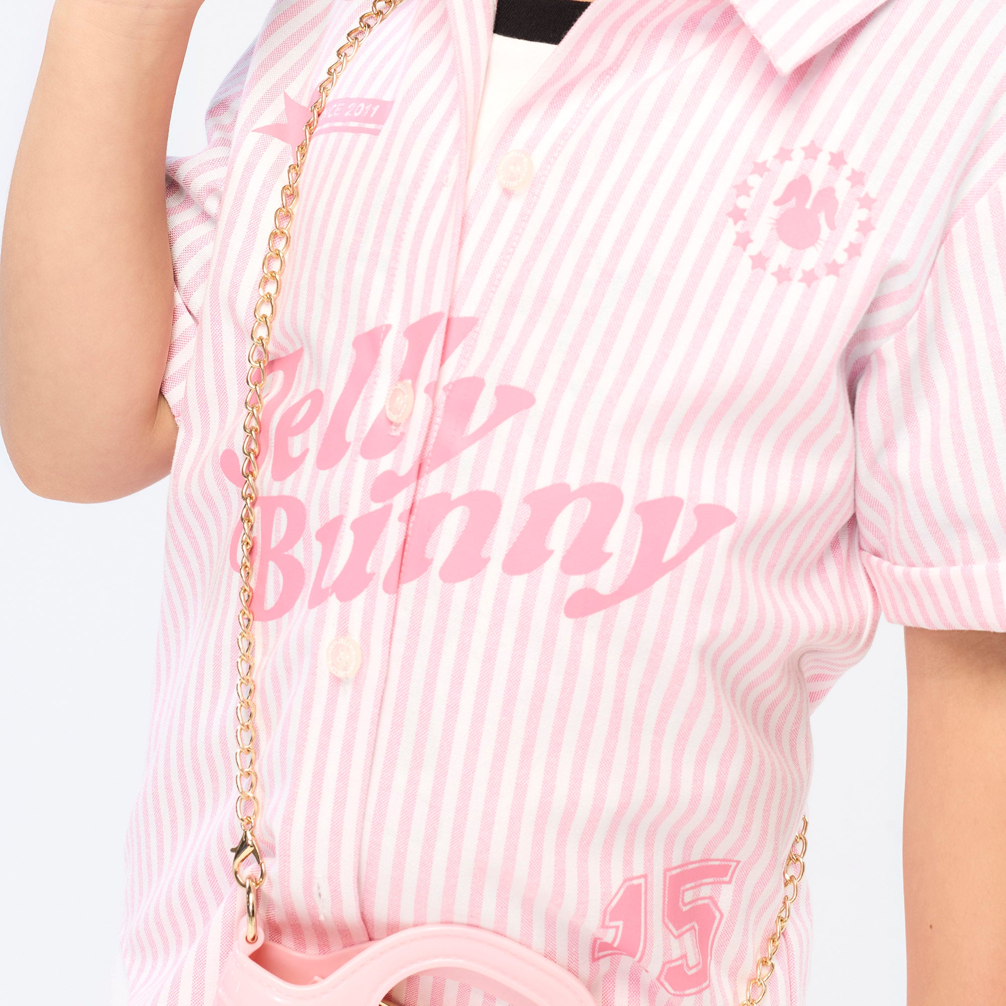 เสื้อเชิ้ตแขนสั้นลายทางแต่งโลโก้ สำหรับเด็กผู้หญิง 
