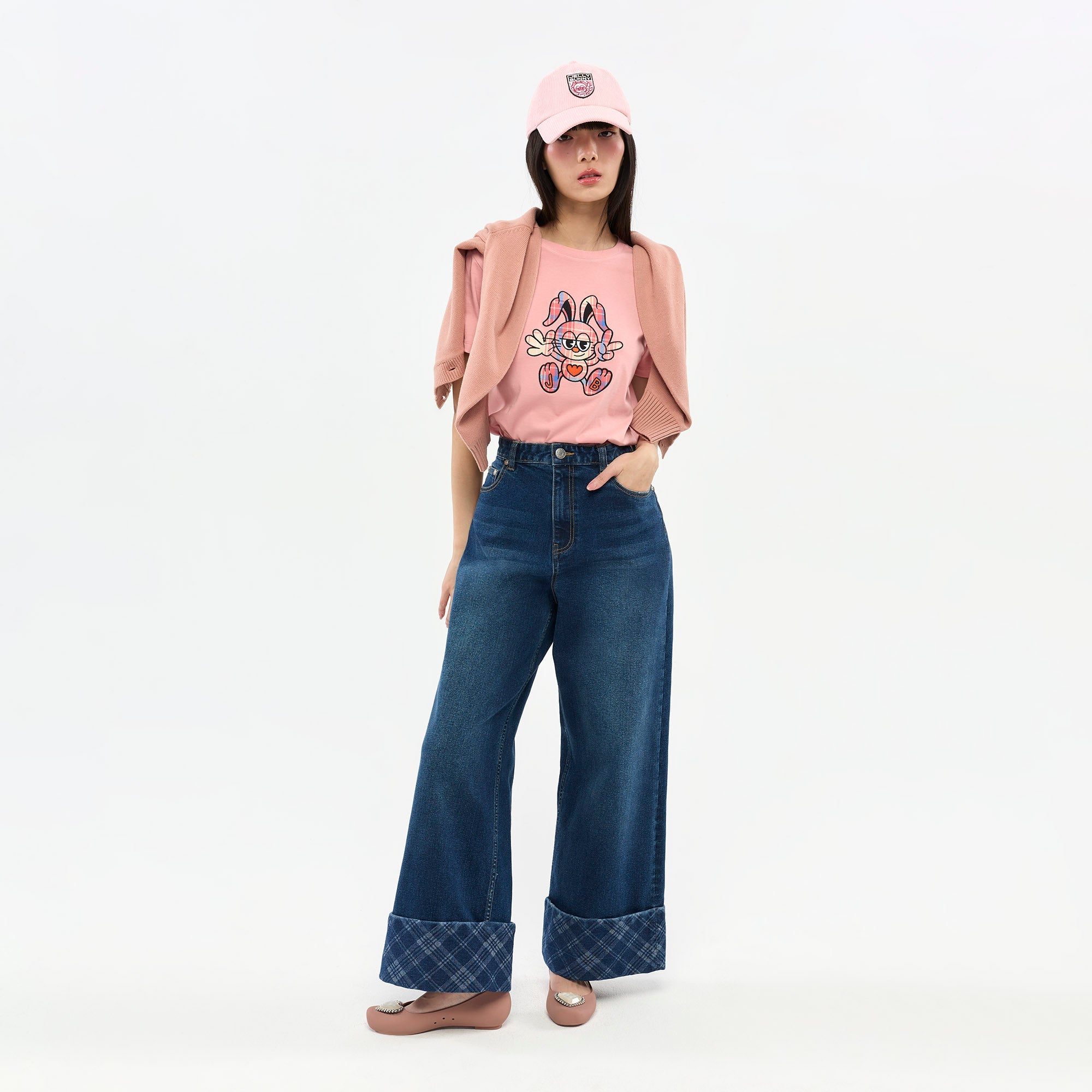 Jeremy Checked Cuff Wide-Leg Jeans Navy