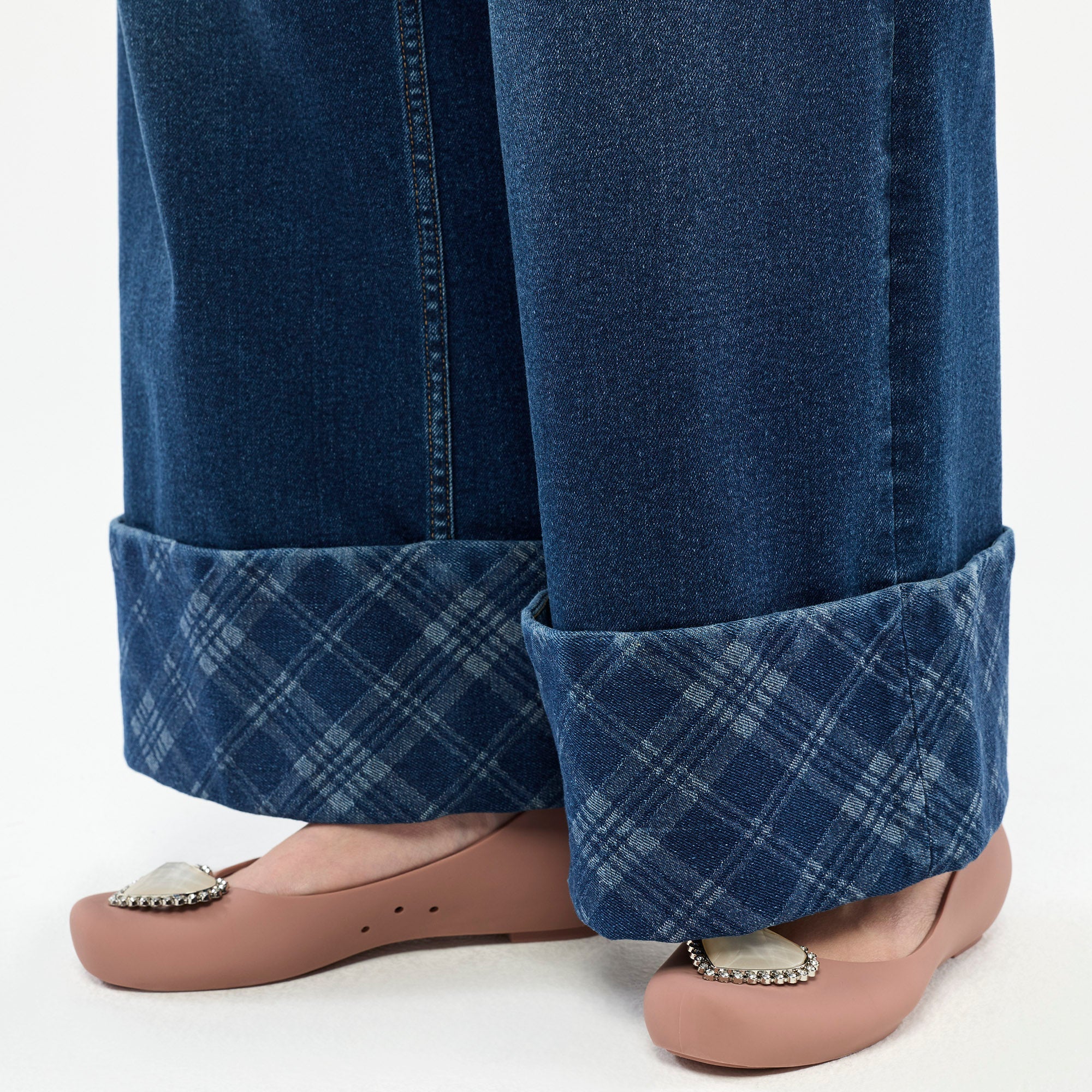 Jeremy Checked Cuff Wide-Leg Jeans Navy