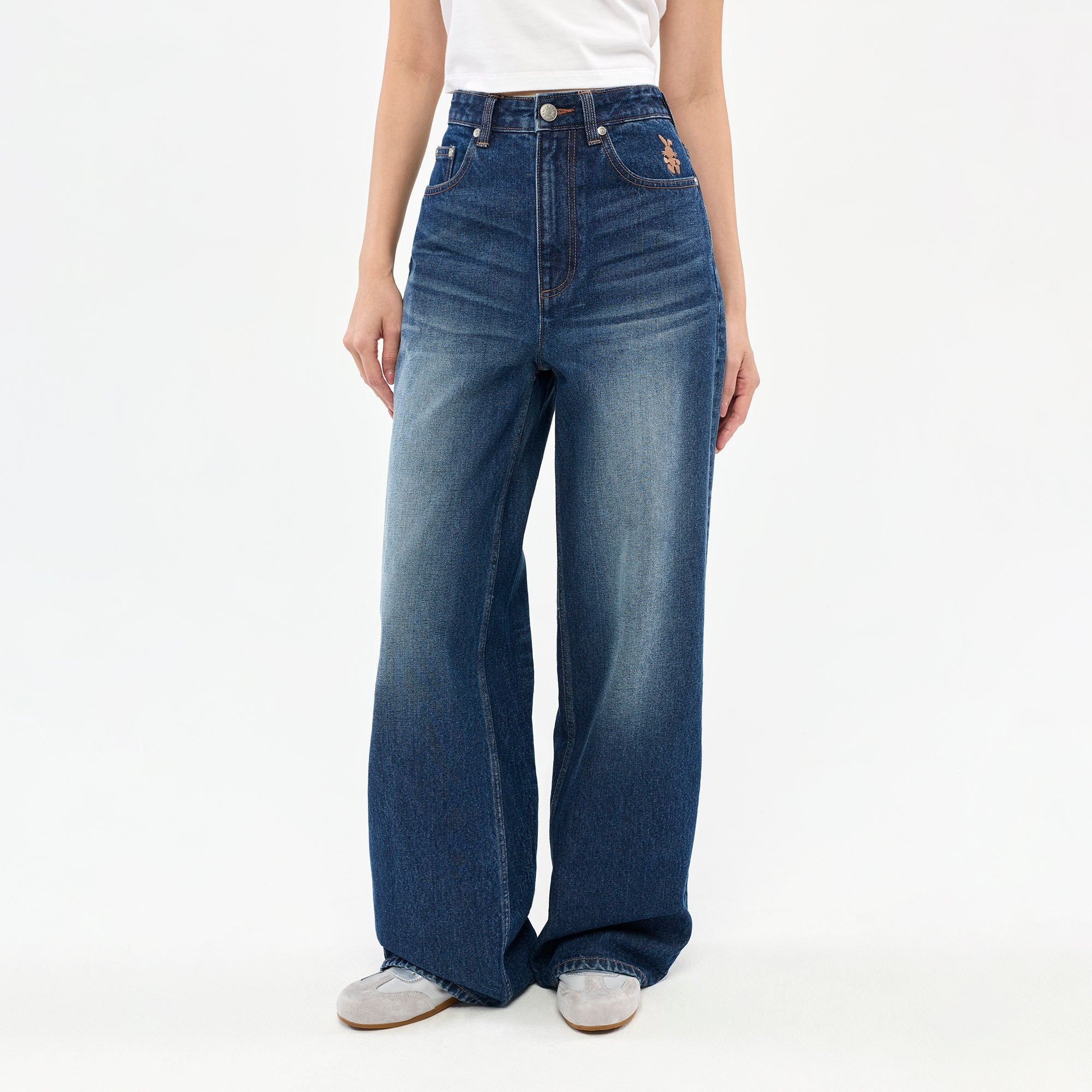 Logo Embroidered Wide-Leg Jeans Blue