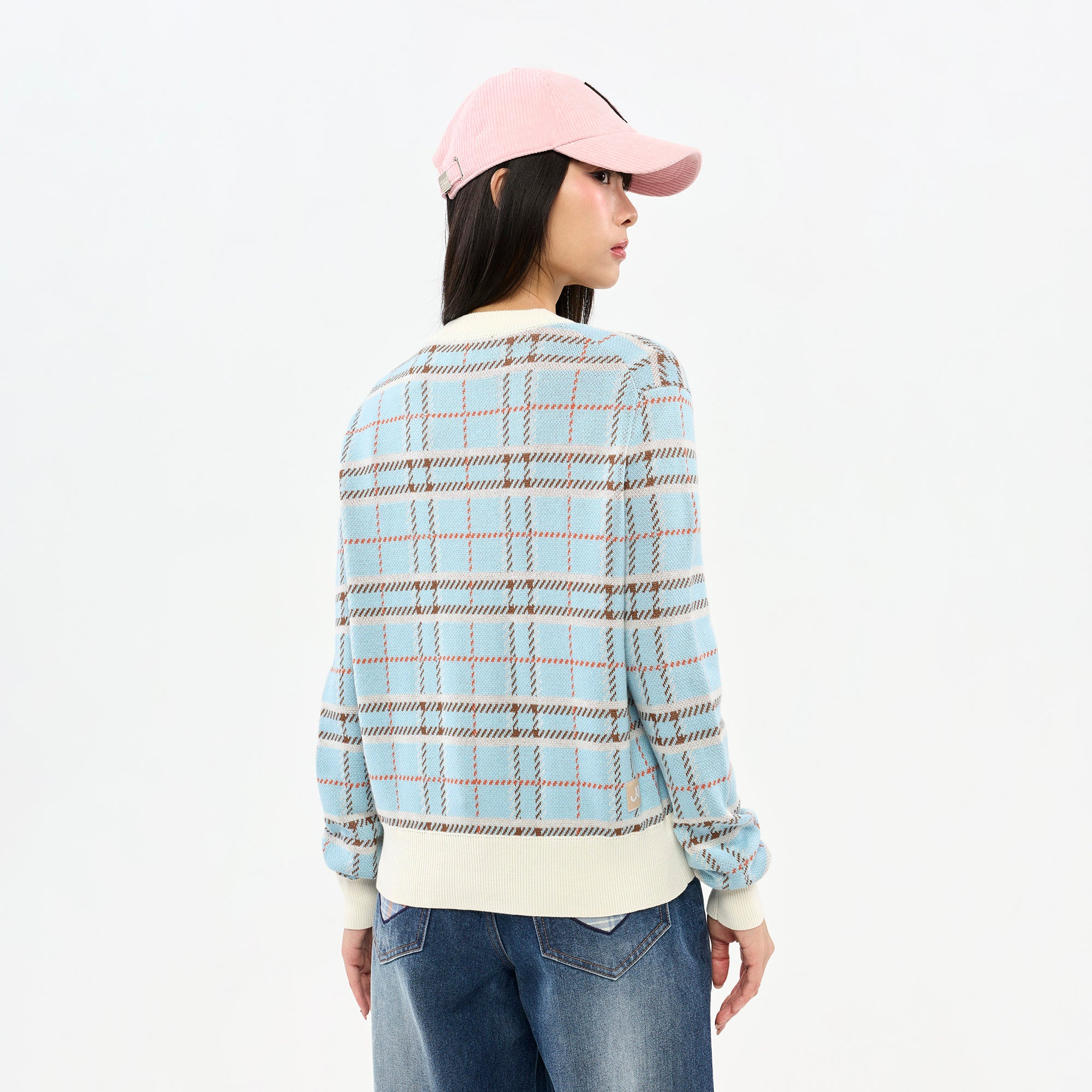 Embroidered Plaid Cardigan Blue