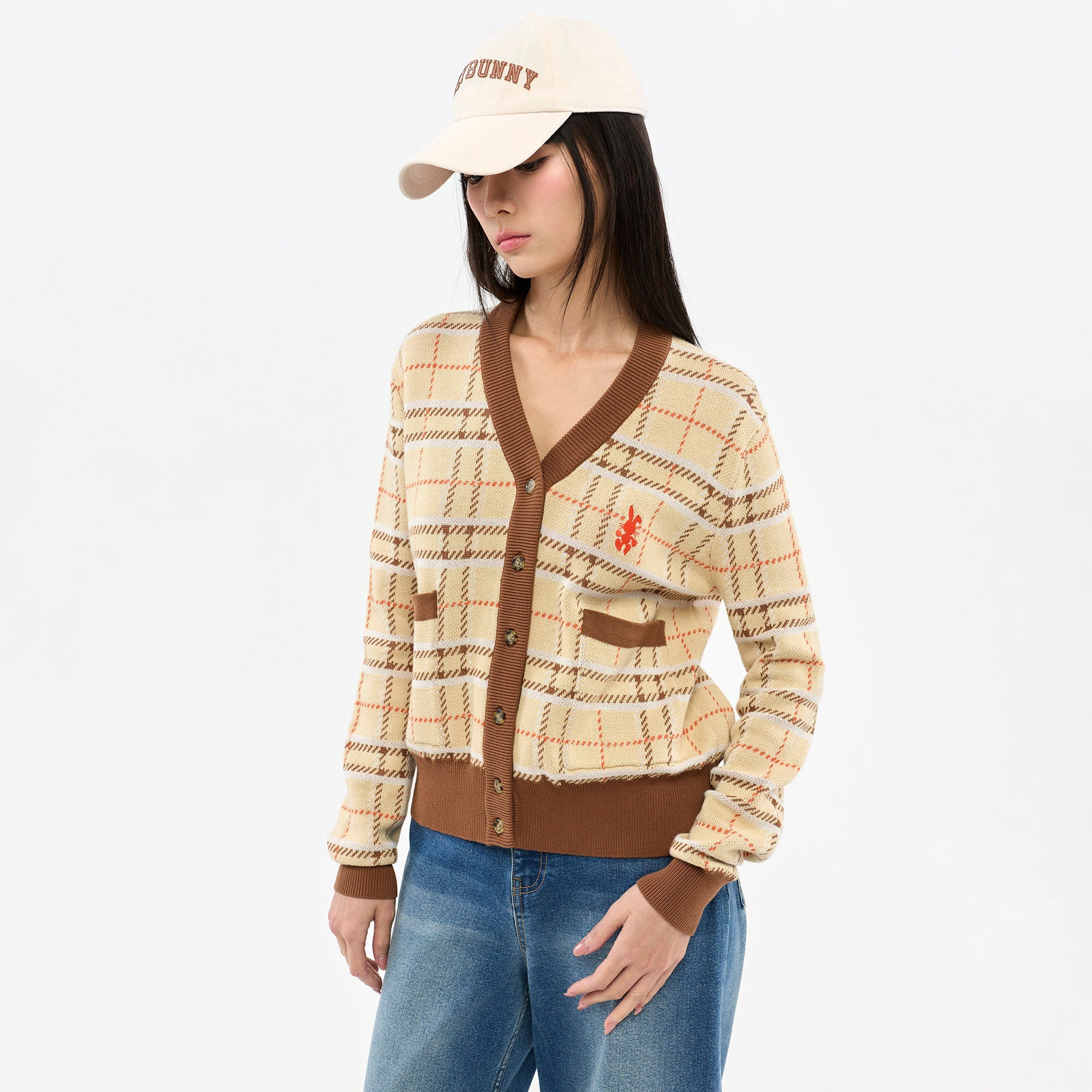 Embroidered Plaid Cardigan Brown