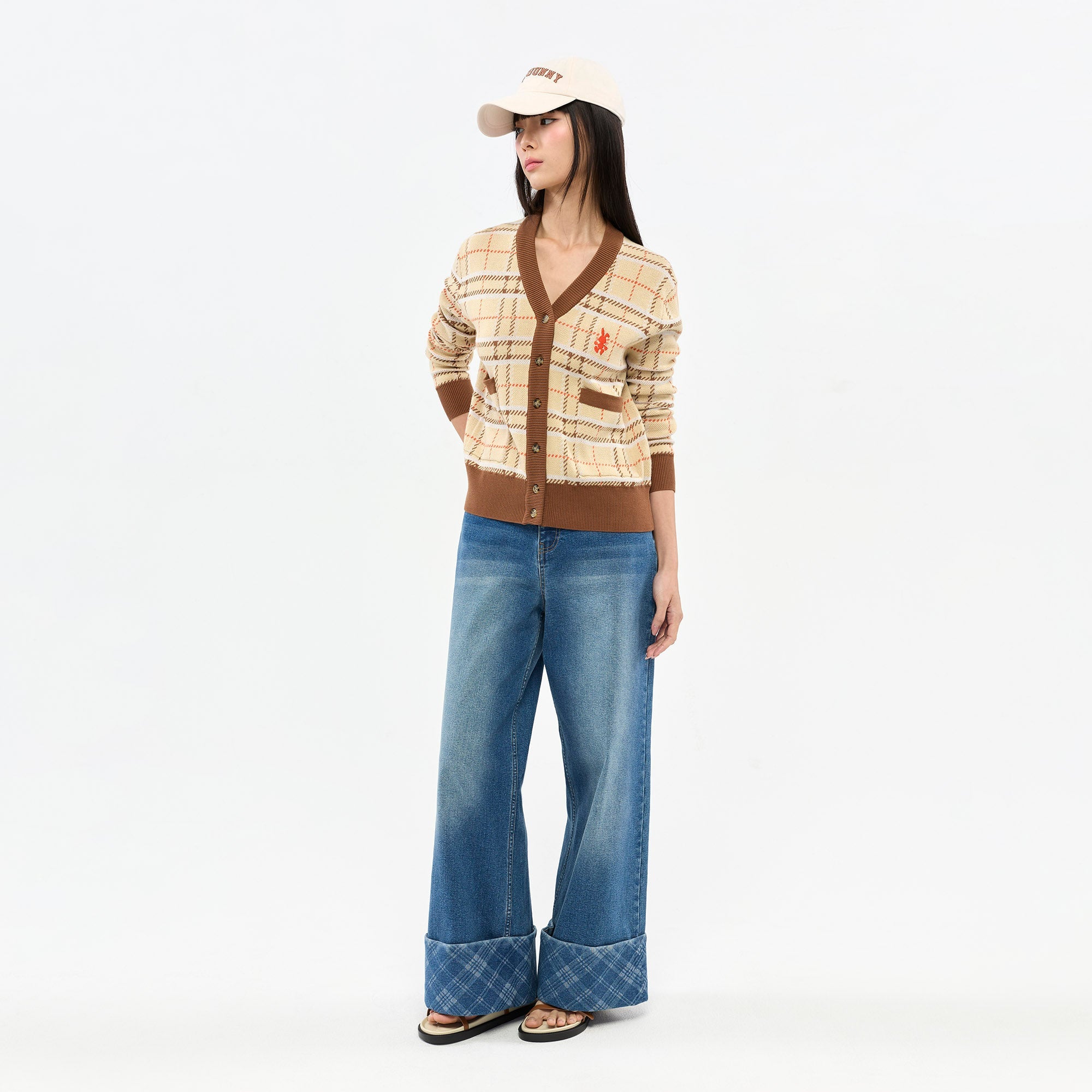 Embroidered Plaid Cardigan Brown