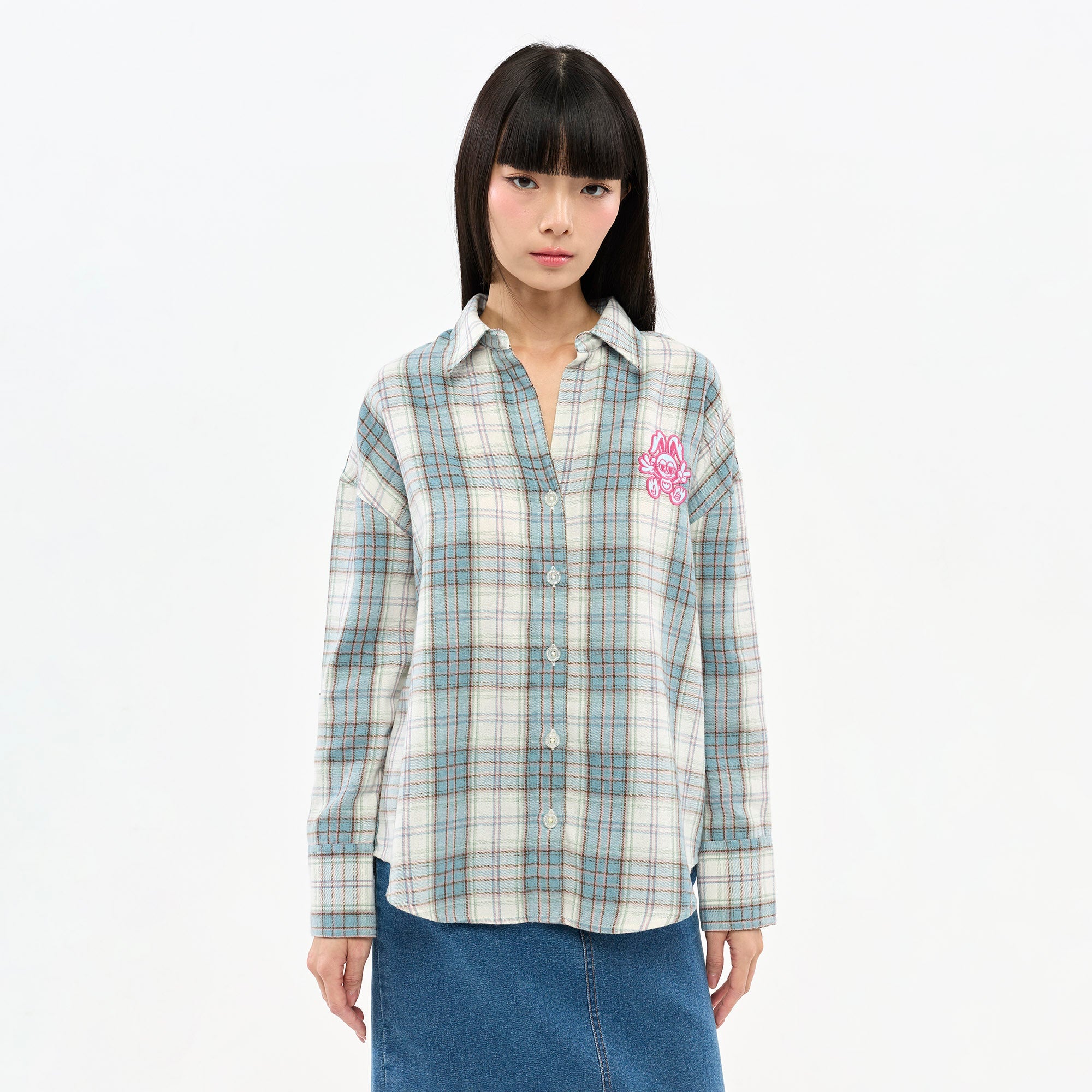 Plaid Embroidered Long Sleeve Shirt Check Multi