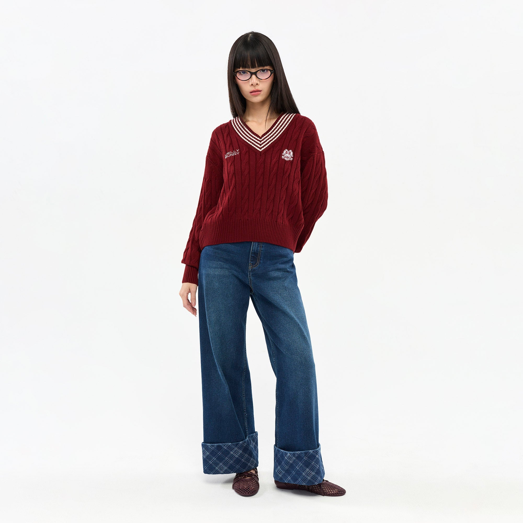 Logo Cable Knit Pullover Red