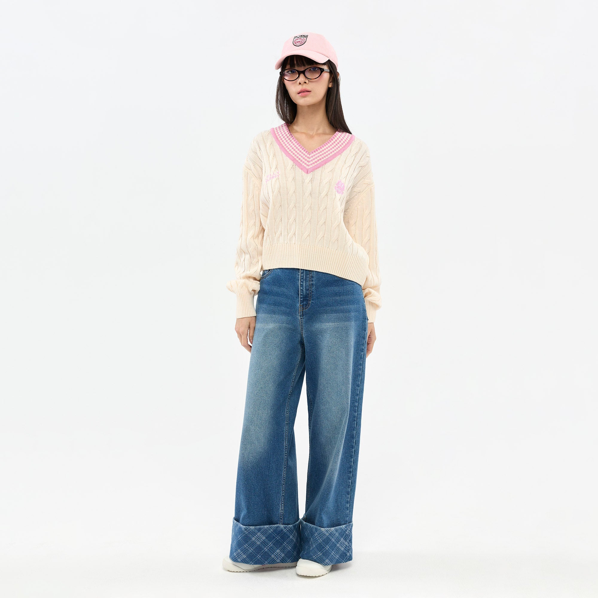 Logo Cable Knit Pullover Cream
