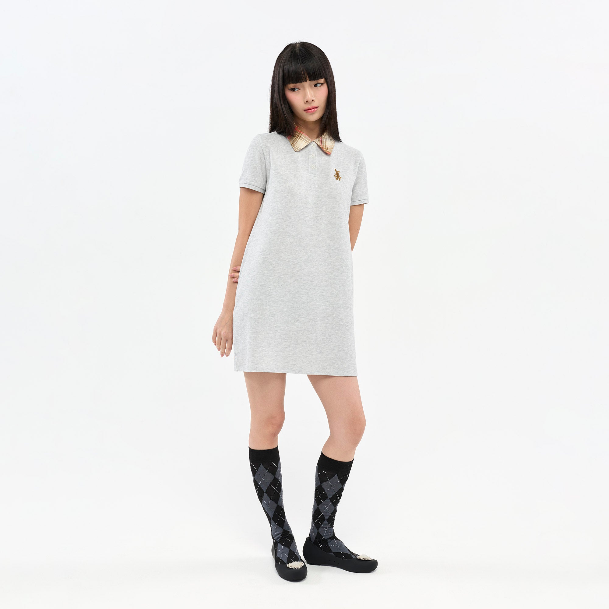 Plaid Collar Polo Dress Grey