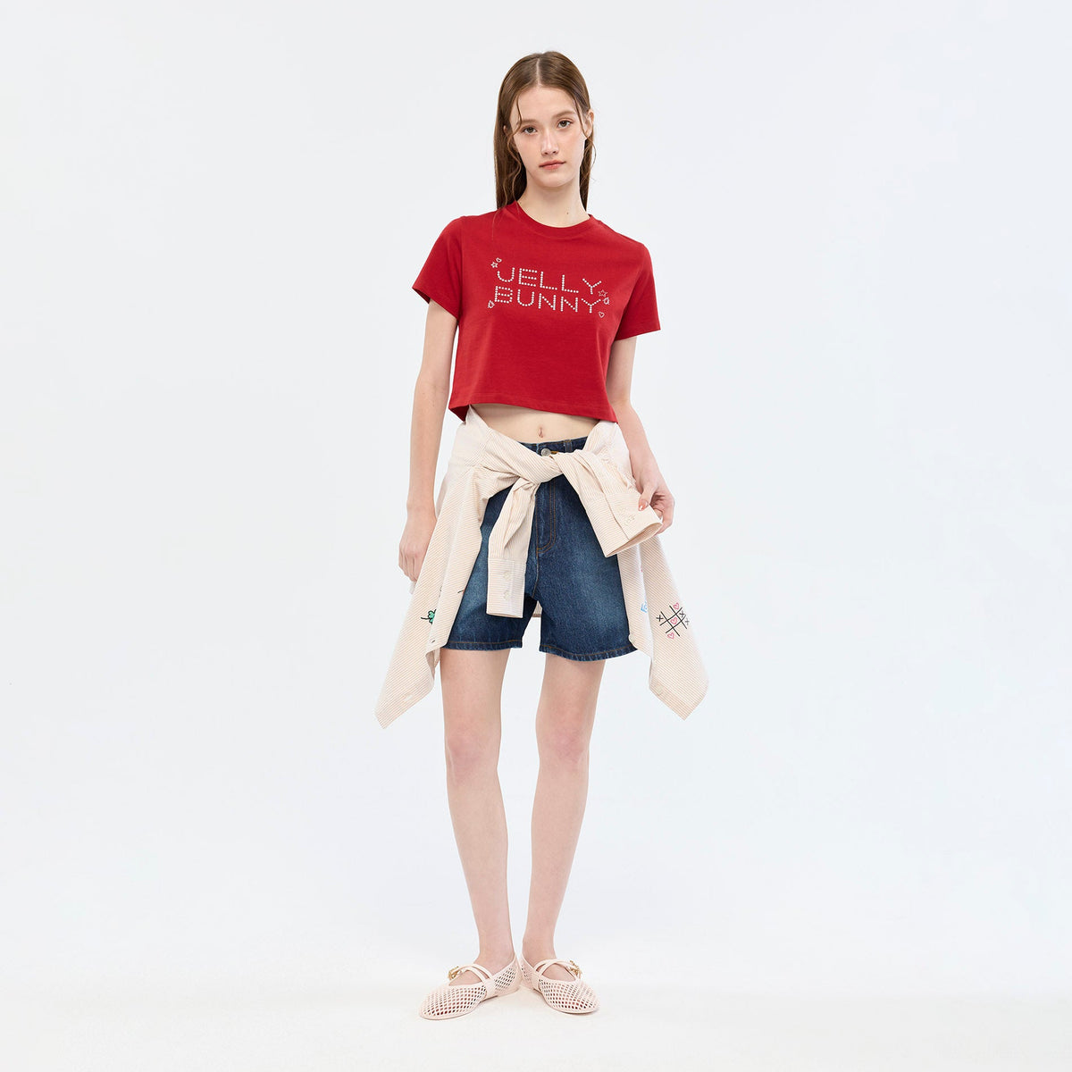 เสื้อยืดแขนสั้นลายโลโก้คริสตัล Jelly Bunny Red