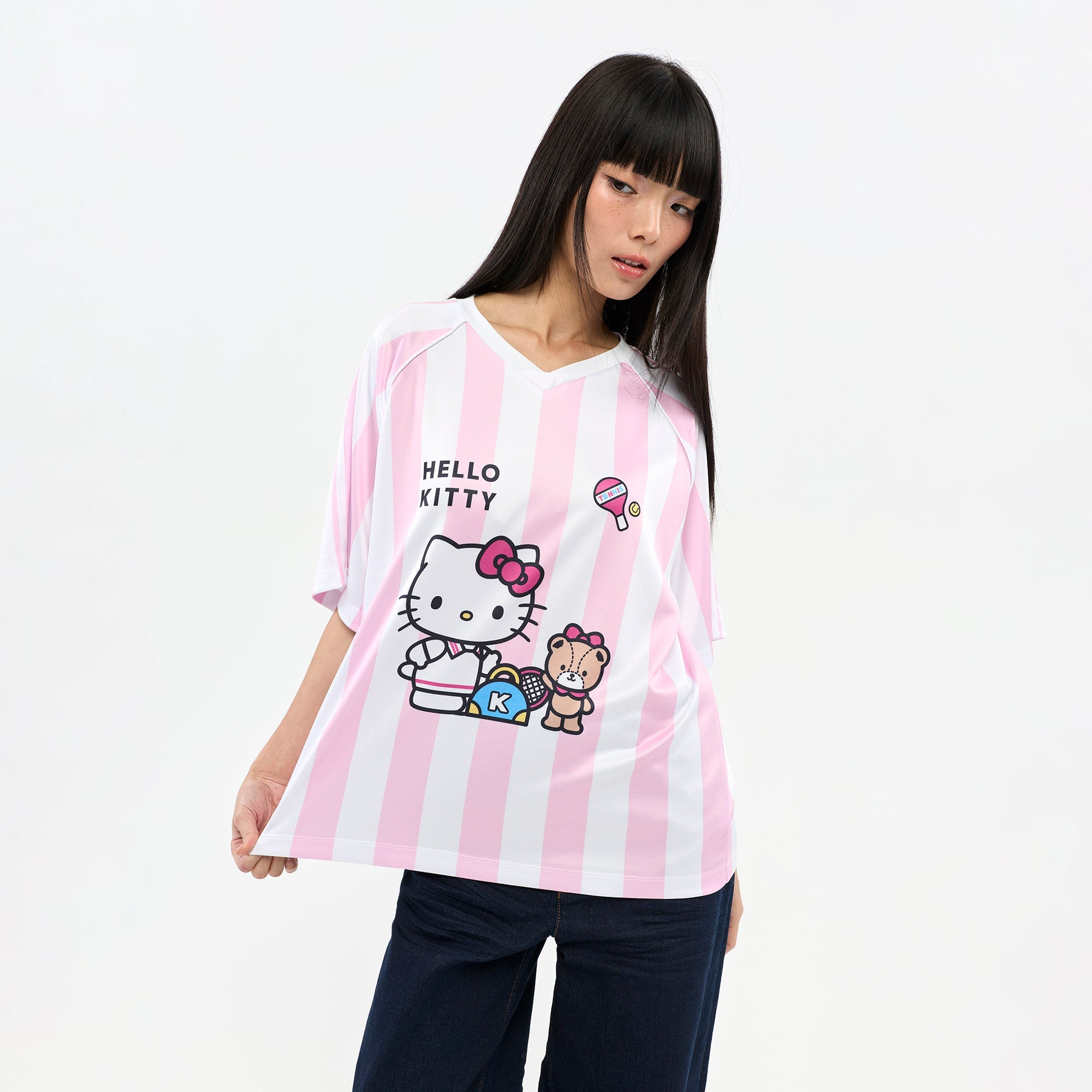 เสื้อยืดแขนสั้นลายทาง Hello Kitty Pink