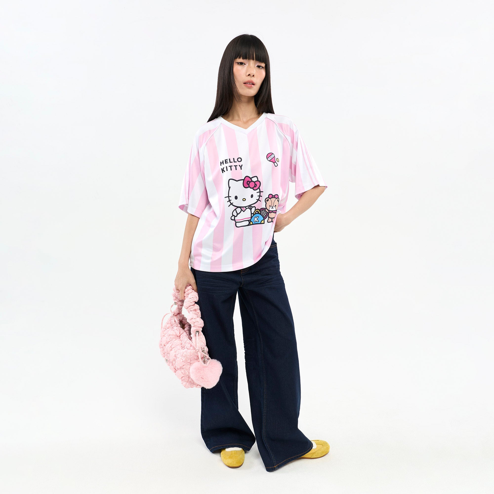 เสื้อยืดแขนสั้นลายทาง Hello Kitty Pink