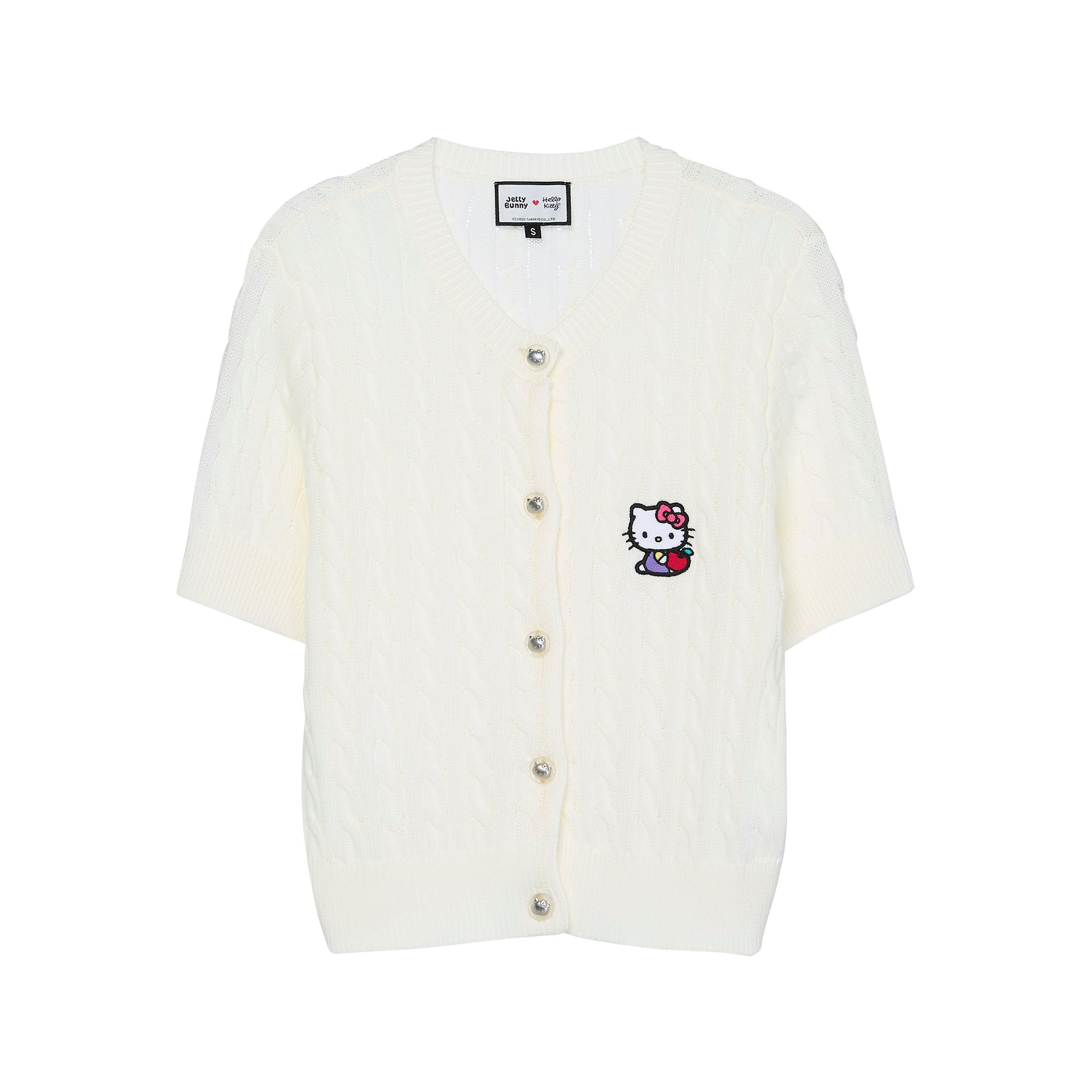เสื้อคาร์ดิแกนแขนสั้นถักลาย Hello Kitty White