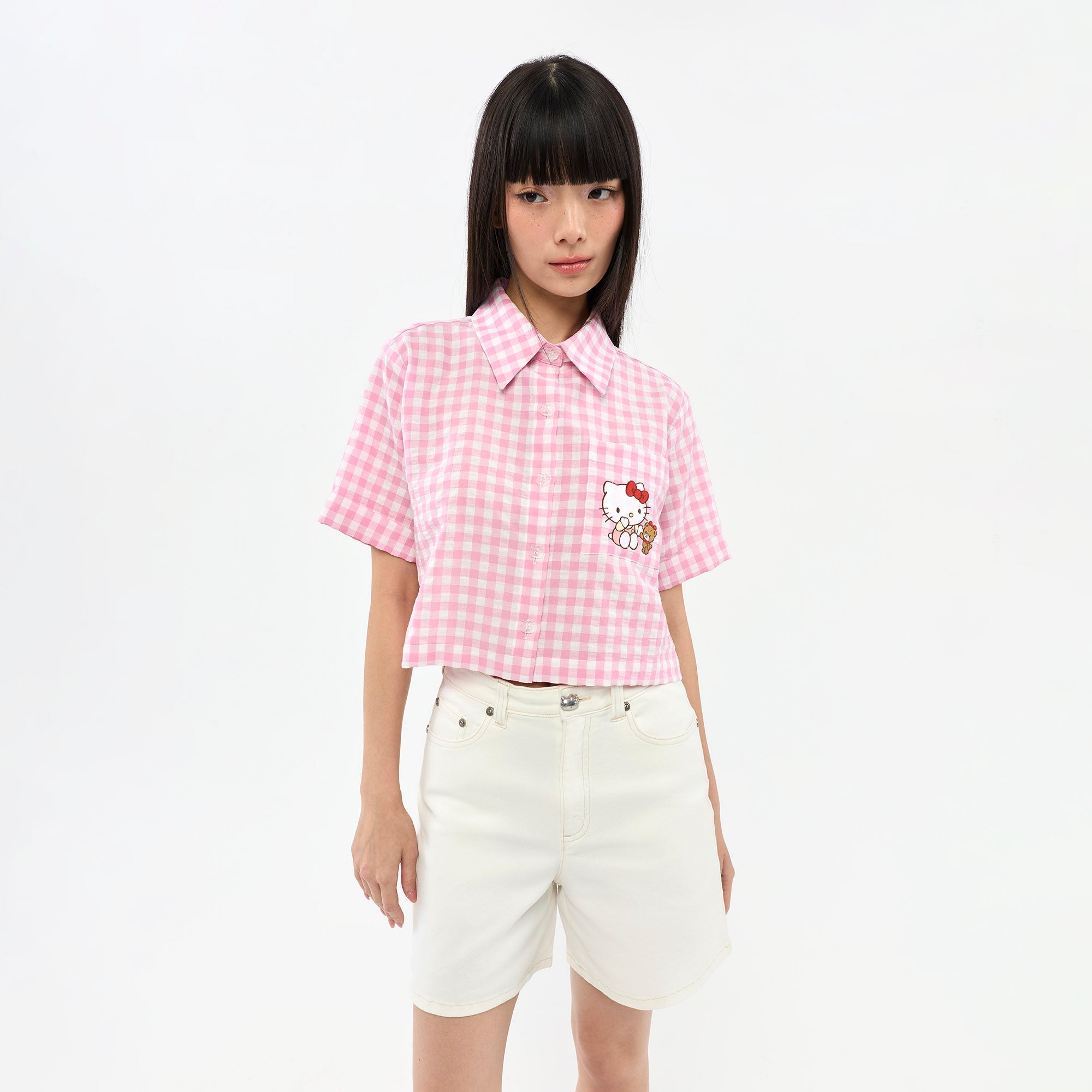 เสื้อเชิ้ตแขนสั้นลายตาราง Hello Kitty Check Pink