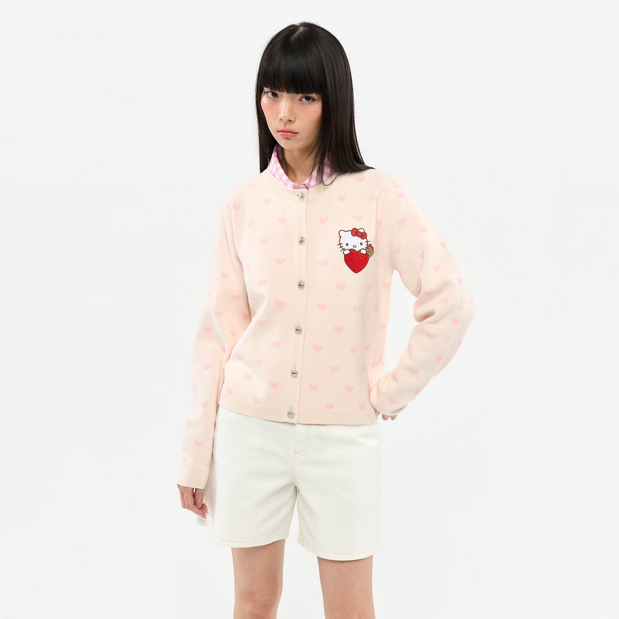 เสื้อคาร์ดิแกนผ้าถักลายหัวใจ Hello Kitty Pink