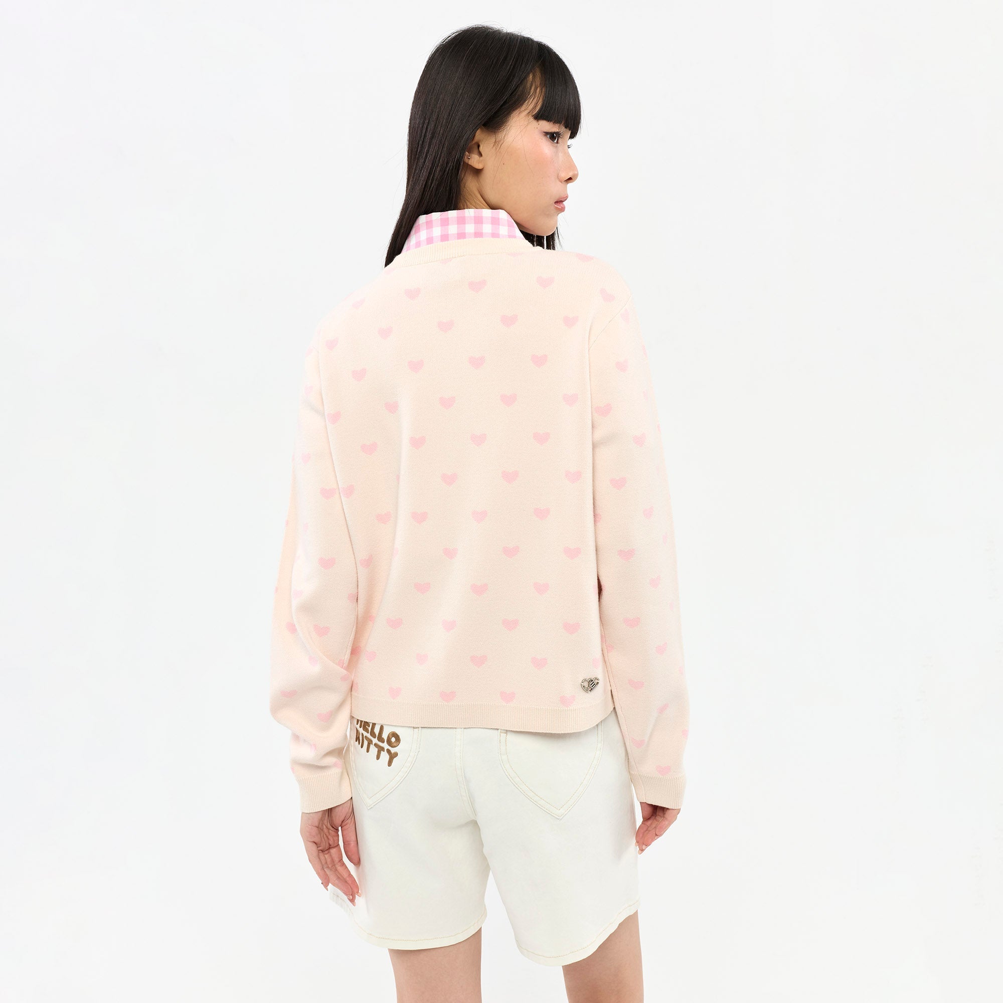เสื้อคาร์ดิแกนผ้าถักลายหัวใจ Hello Kitty Pink