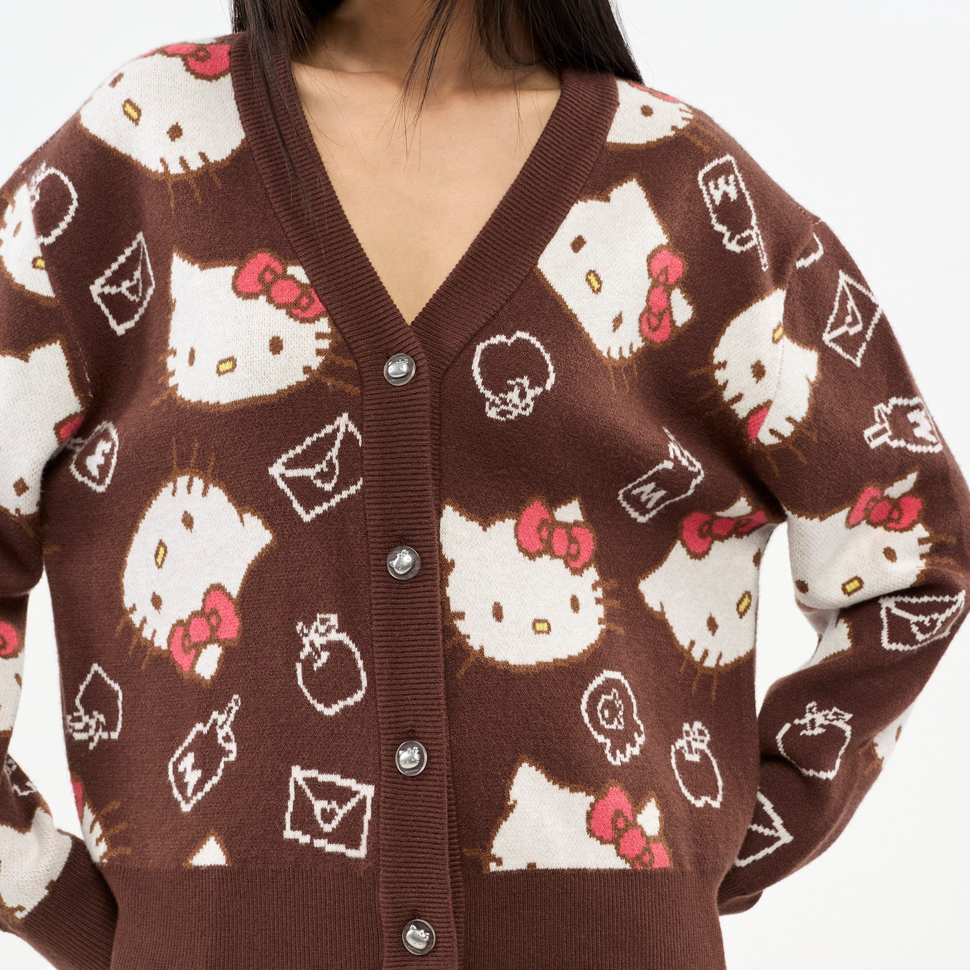 เสื้อคาร์ดิแกนผ้าถักลาย Hello Kitty Brown