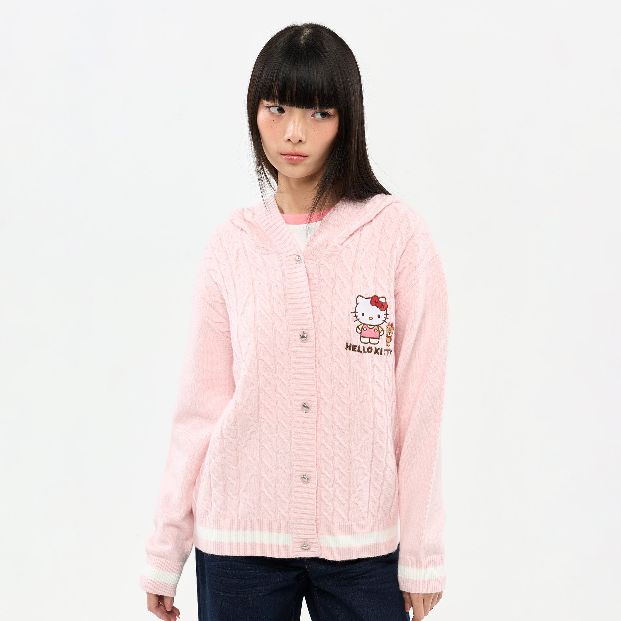 เสื้อคาร์ดิแกนผ้าถักลายเปียมีฮู้ด Hello Kitty Pink