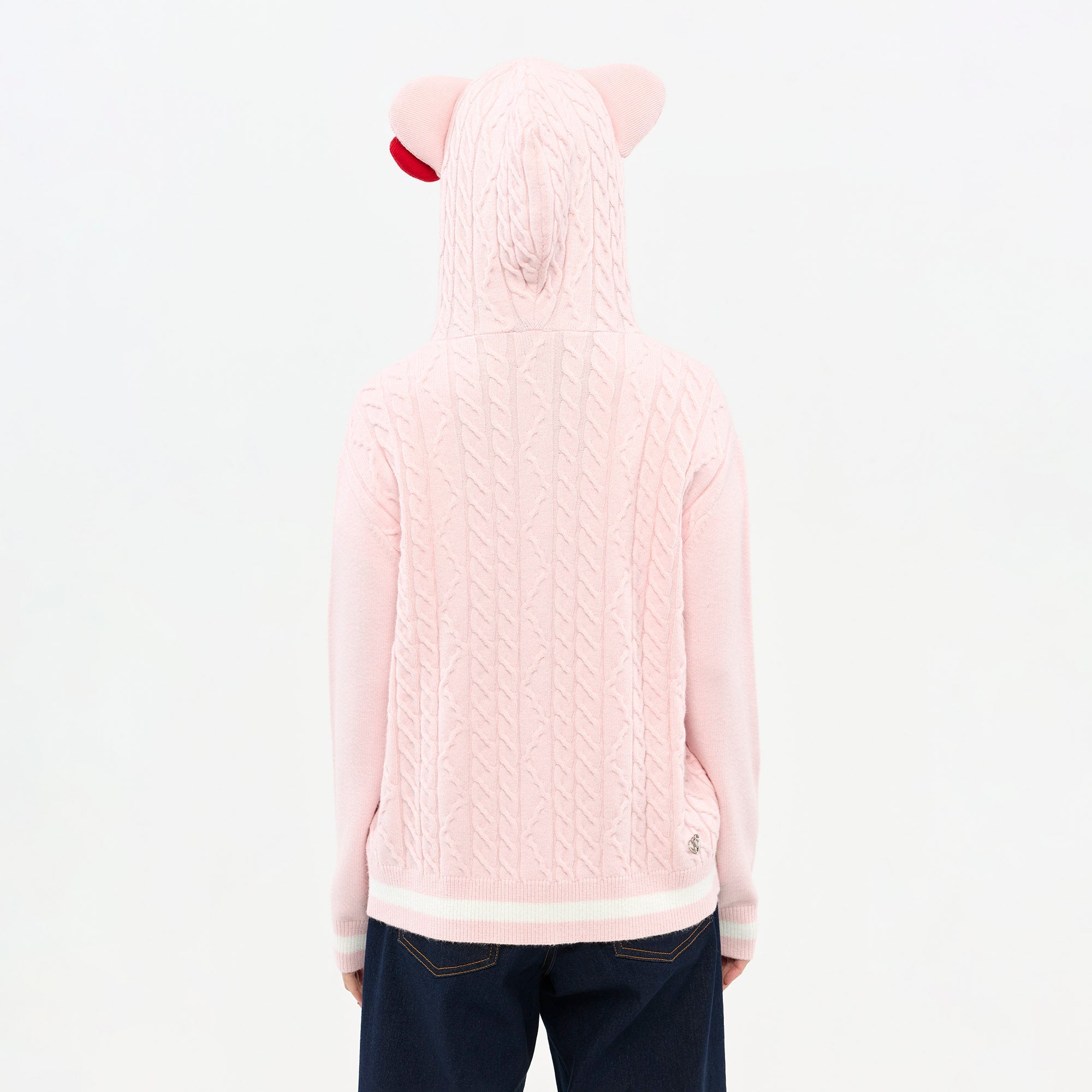 เสื้อคาร์ดิแกนผ้าถักลายเปียมีฮู้ด Hello Kitty Pink