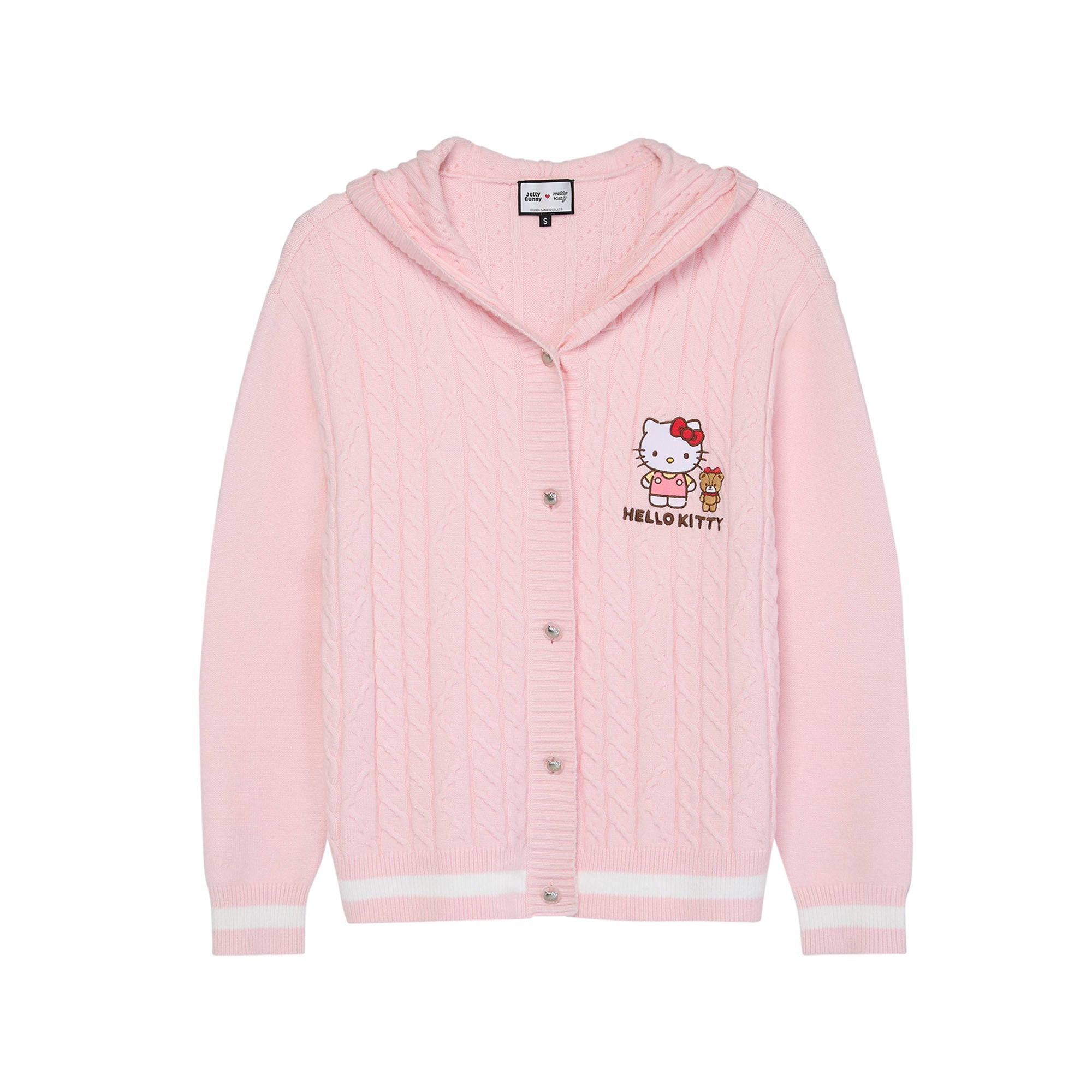 เสื้อคาร์ดิแกนผ้าถักลายเปียมีฮู้ด Hello Kitty Pink