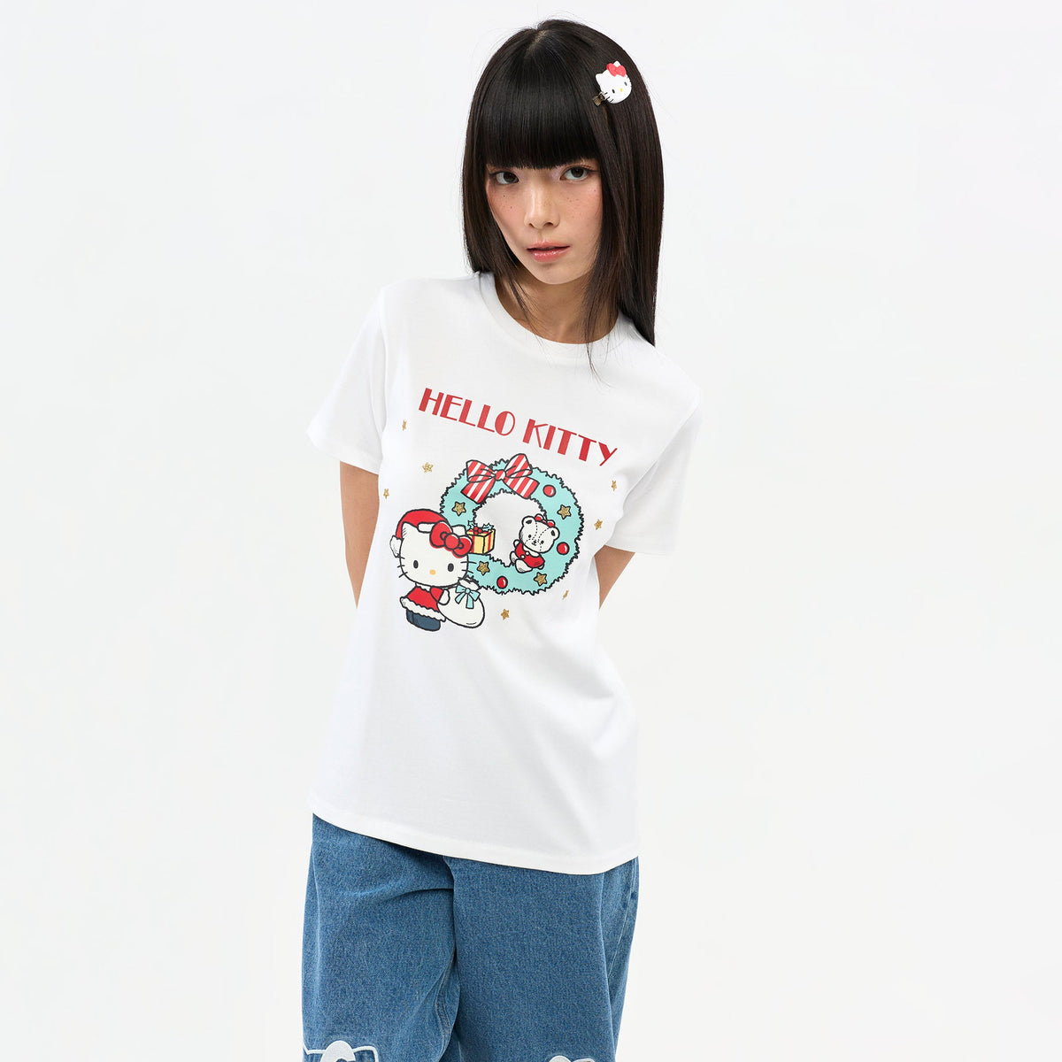 [ JB x Hello kitty ] เสื้อยืดแขนสั้นลาย Hello Kitty Christmas White