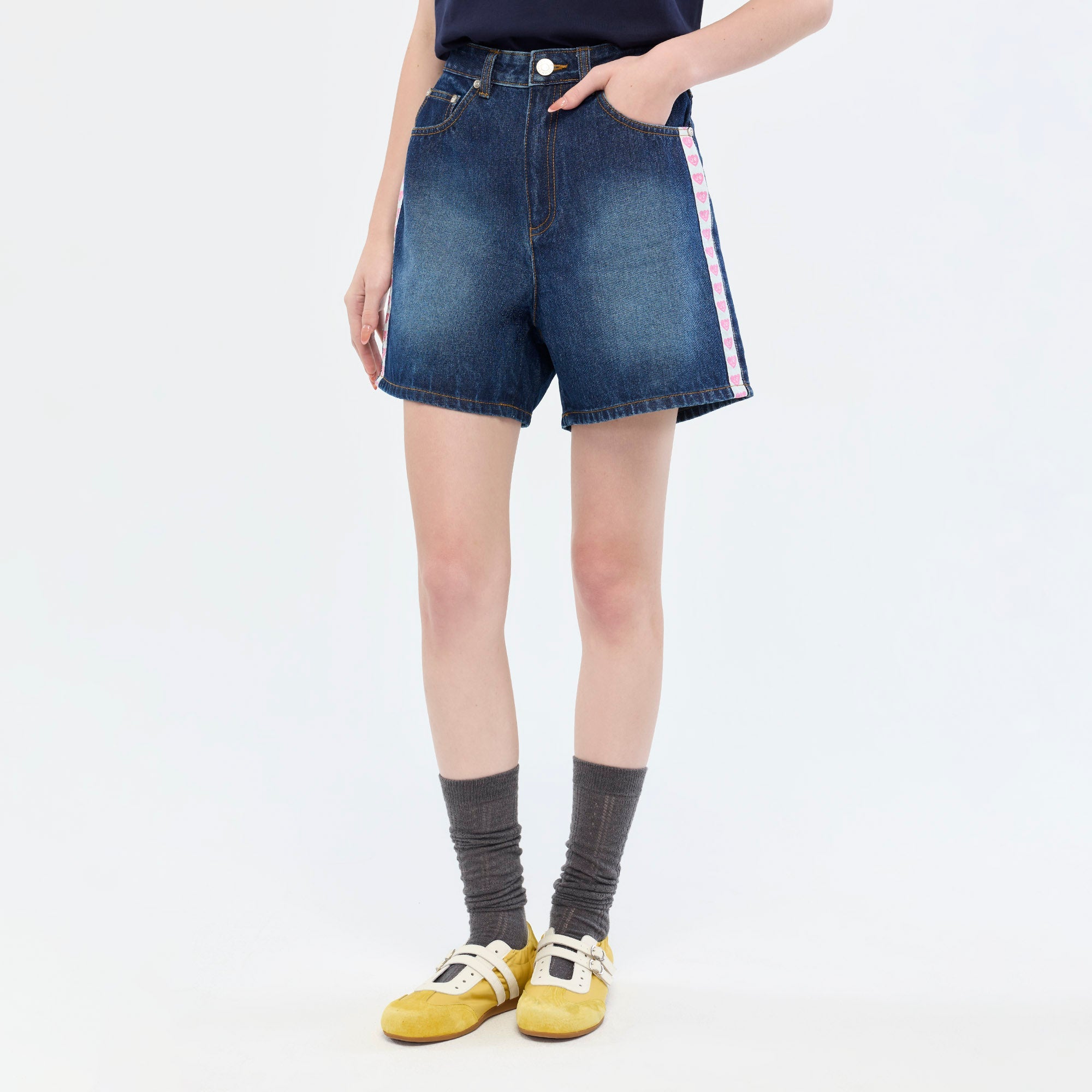 Logo Tape Denim Shorts Navy