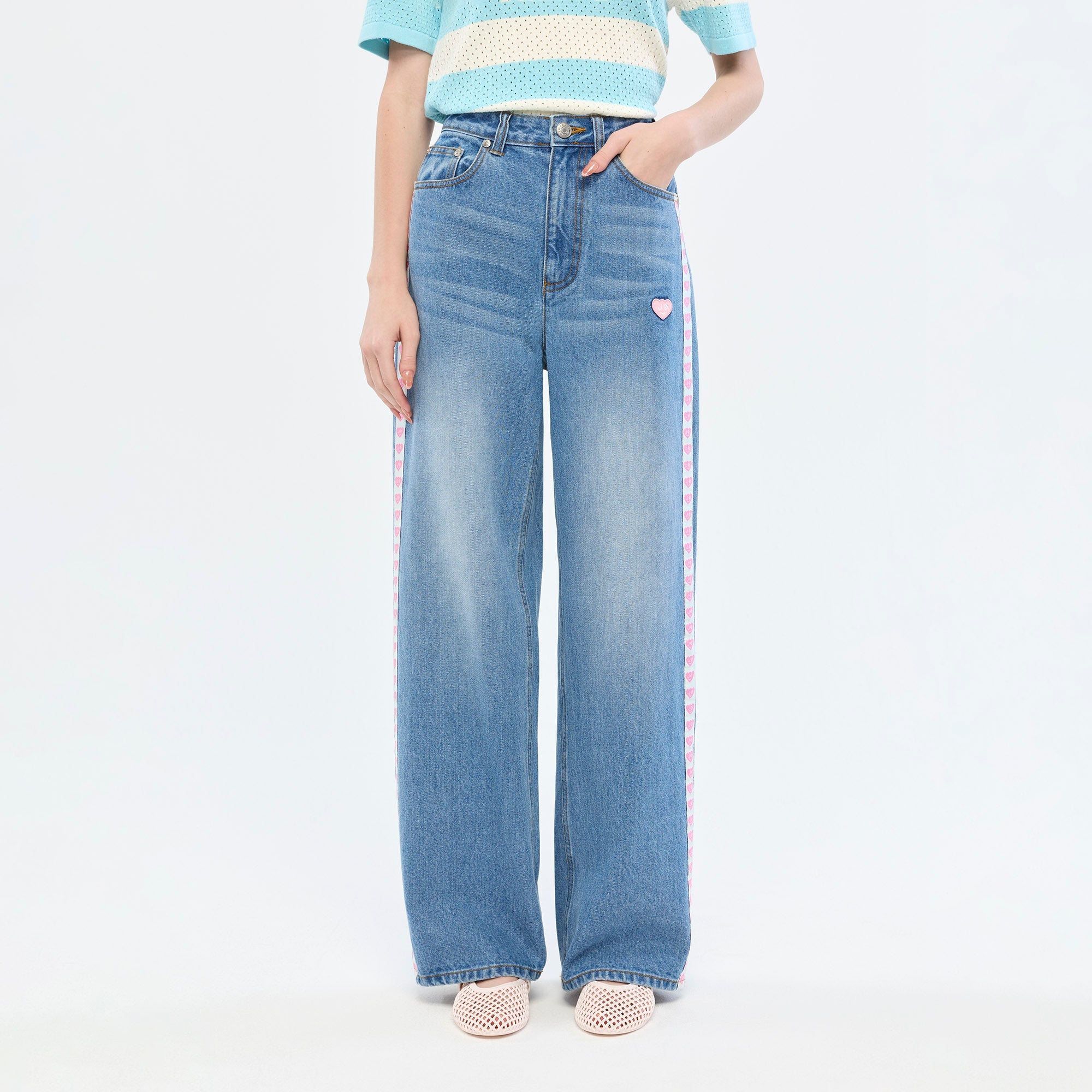 Logo Tape Wide Leg Jeans Blue