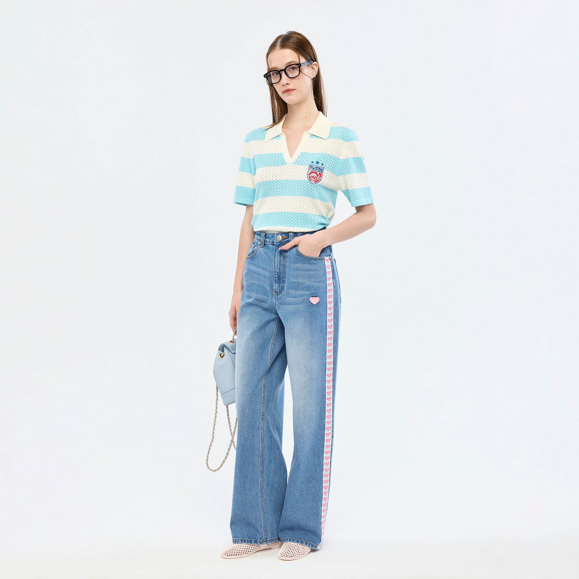 Logo Tape Wide Leg Jeans Blue
