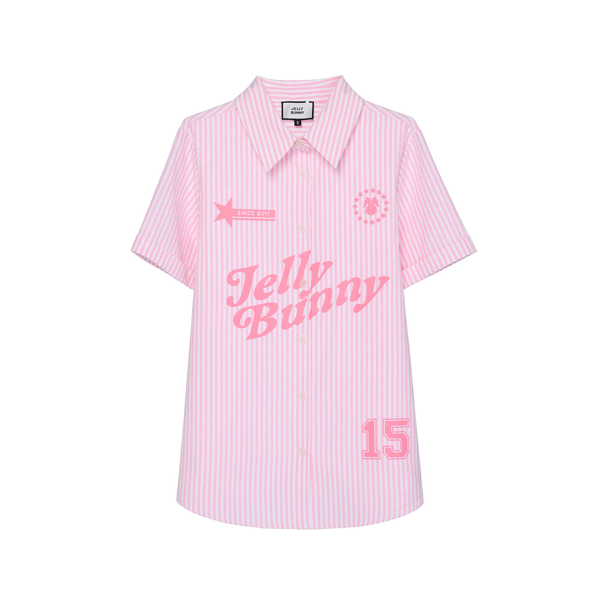 เสื้อเชิ้ตแขนสั้นลายทางแต่งโลโก้ 