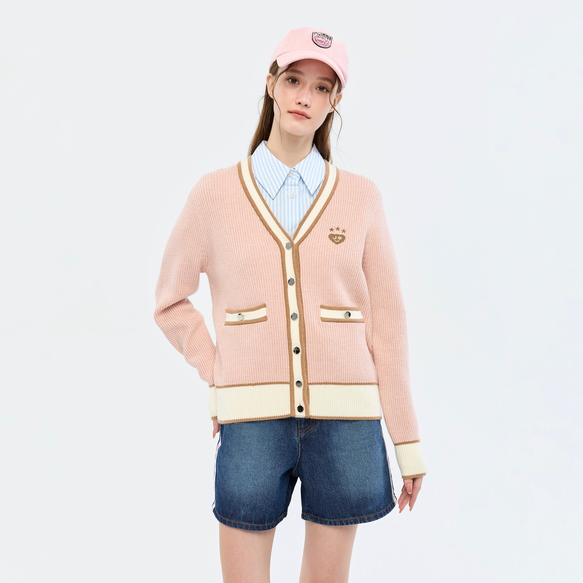 Jeremy Contrast Trim Cardigan
 Pink