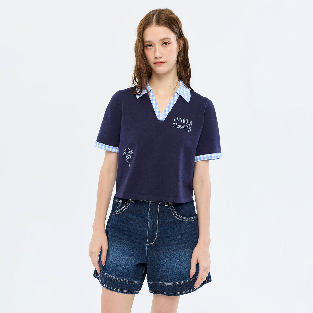 เสื้อโปโลแขนสั้นแต่งขอบลายตาราง Navy