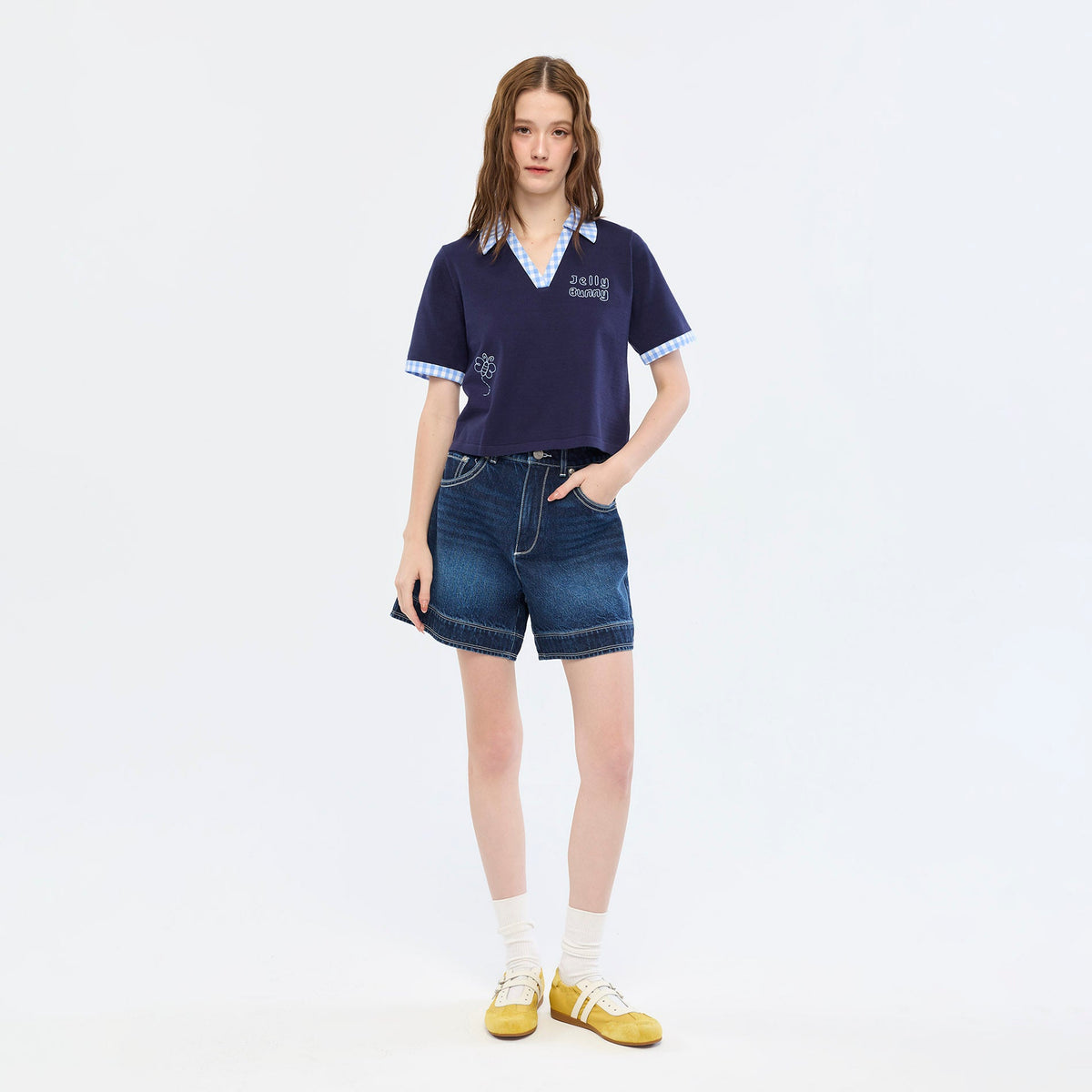 เสื้อโปโลแขนสั้นแต่งขอบลายตาราง Navy
