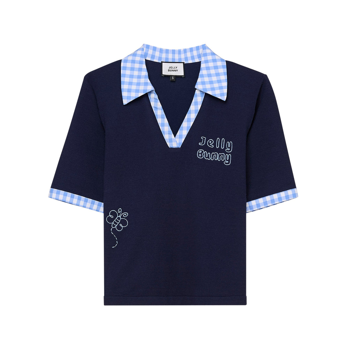 เสื้อโปโลแขนสั้นแต่งขอบลายตาราง Navy