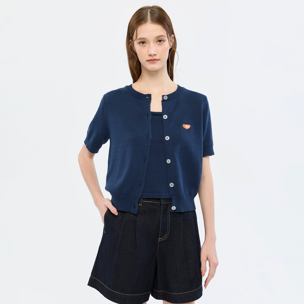 Heart Patch Knit Cardigan & Camisole Set Navy