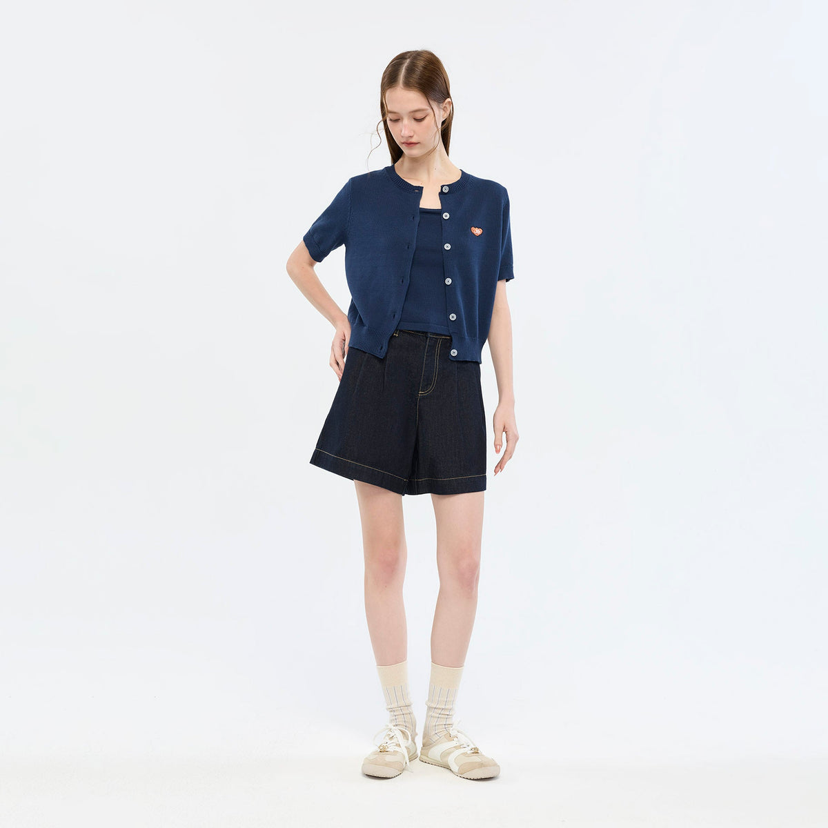 Heart Patch Knit Cardigan & Camisole Set Navy