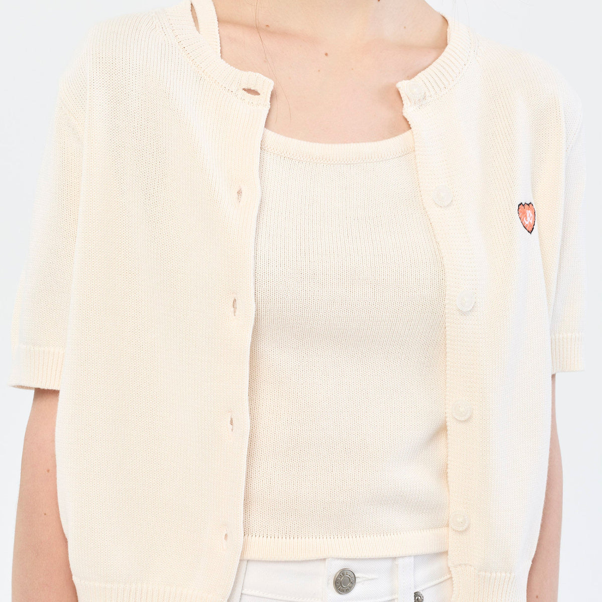 Heart Patch Knit Cardigan & Camisole Set Cream