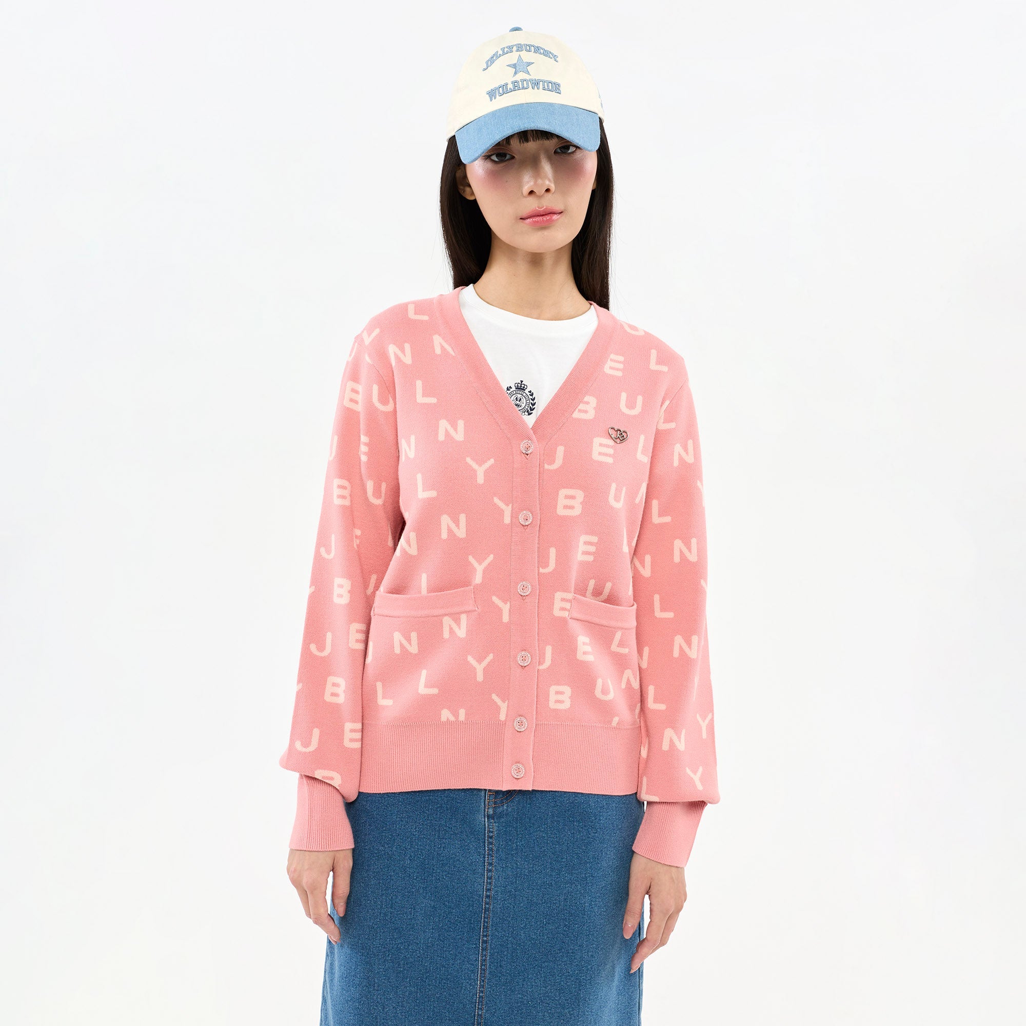 เสื้อคาร์ดิแกนถักลายโลโก้ Jelly Bunny Pink