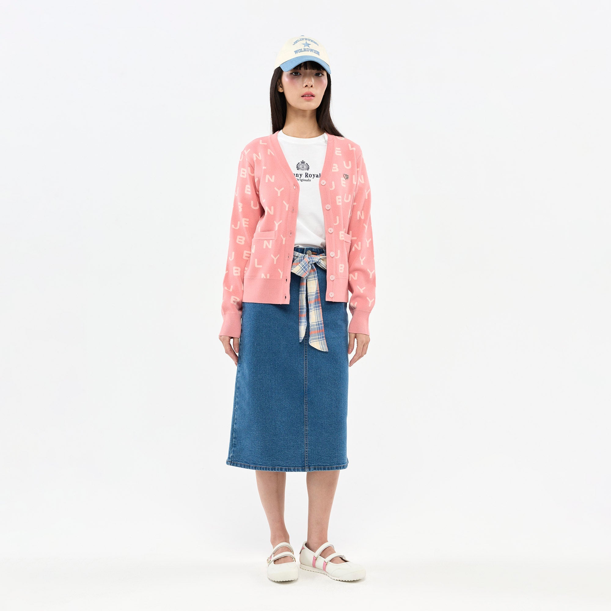 เสื้อคาร์ดิแกนถักลายโลโก้ Jelly Bunny Pink