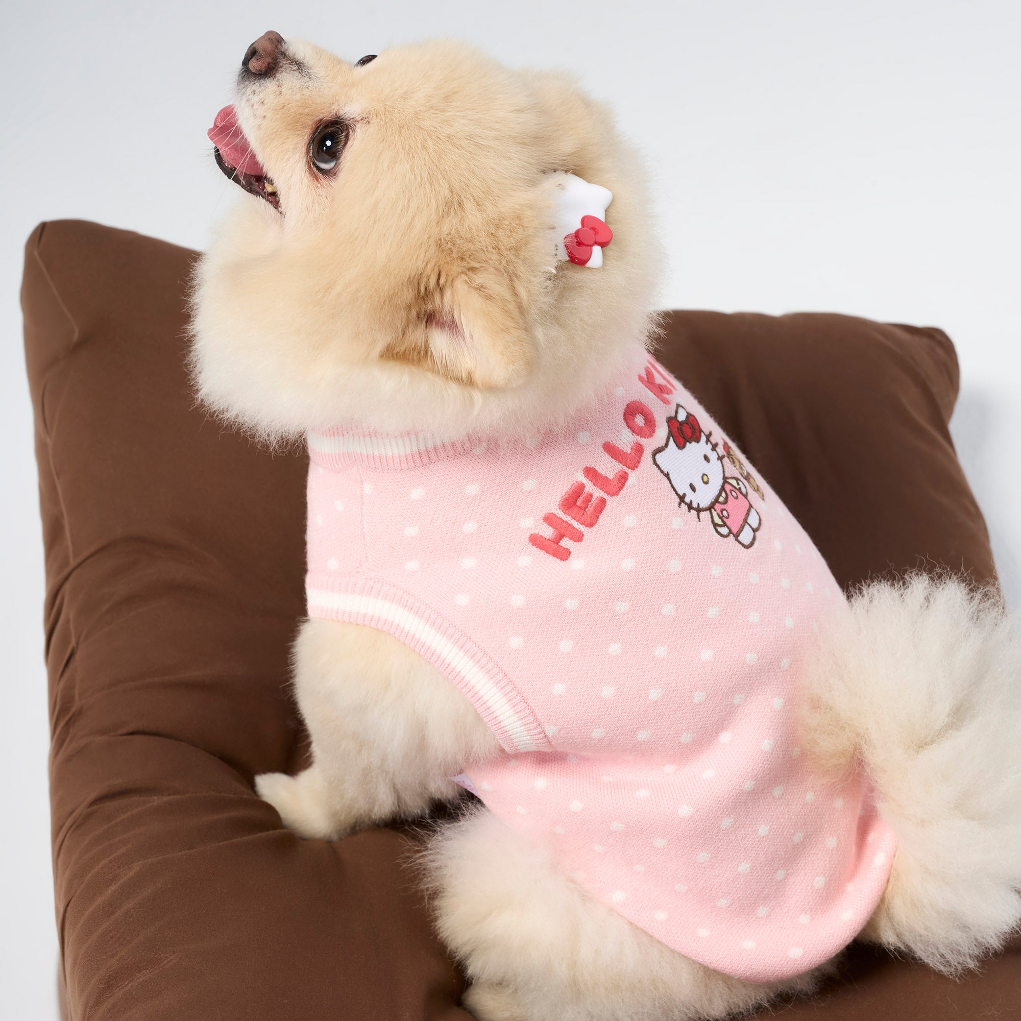 เสื้อยืดผ้าถักลายจุด Hello Kitty สำหรับสัตว์เลี้ยง Pink